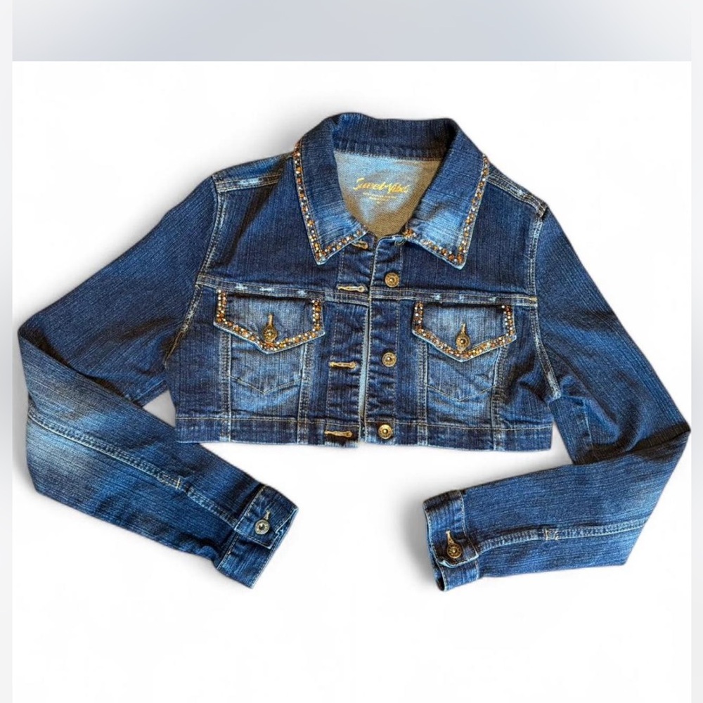 Sweet Vibes Y2K Cropped Denim Jacket With Gold Rhinestones on Collar&Pockets